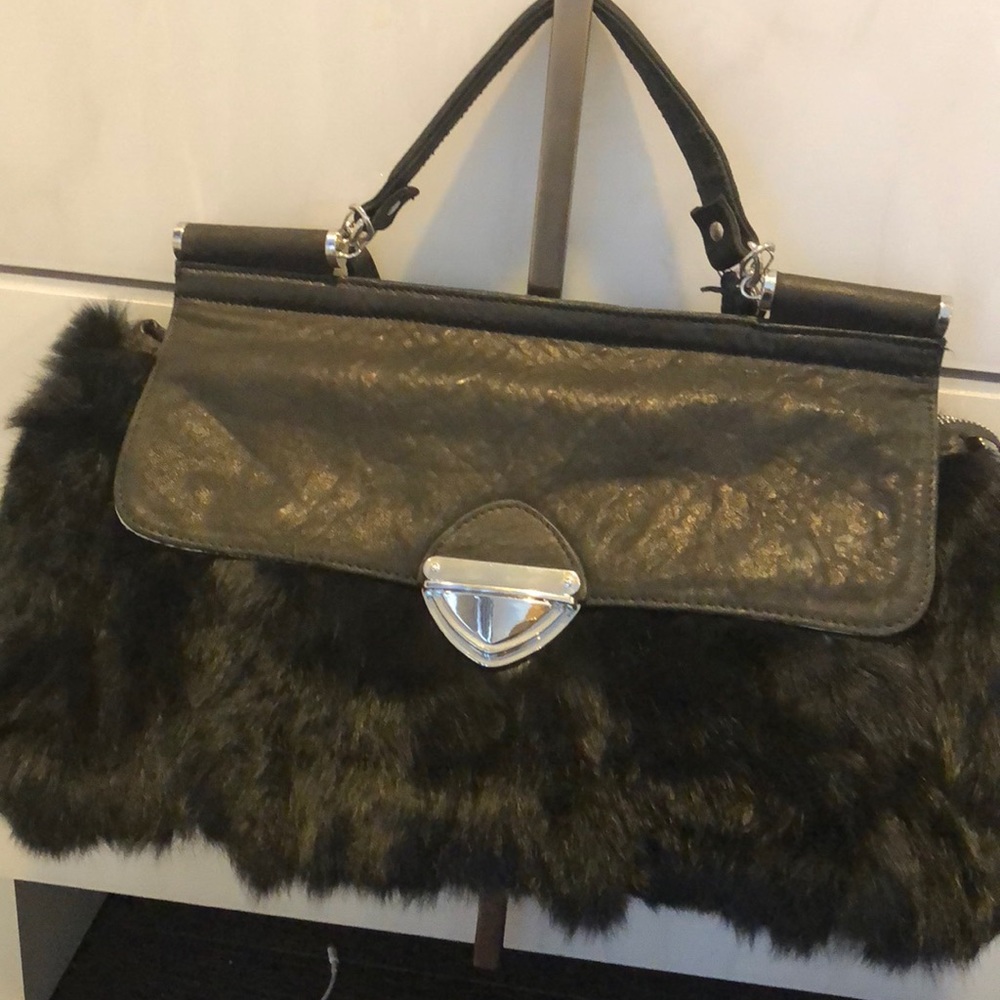 Diane Gail black rabbit fur and leather bag